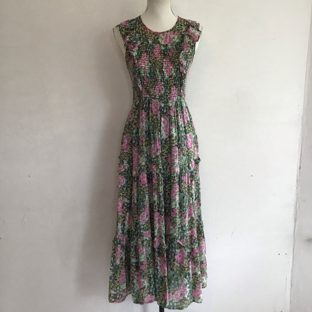 Banjanan Women Elegant Floral Garden Maxi Dress M Green Pink
